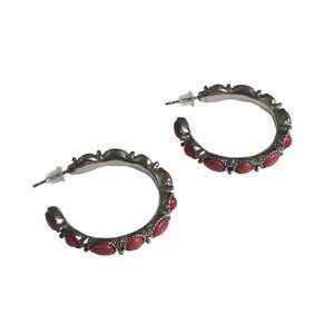 Vintage Red Bead Hoop Earrings Silver Tone Design Fashion Gift Mom Beach Core